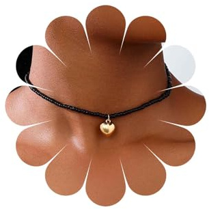 Inateannal Boho Black Bead Choker Necklace Gold Heart Pendant Necklace Small Seed Beaded Necklace Vintage Puffy Heart Bead Necklace Jewelry for Women