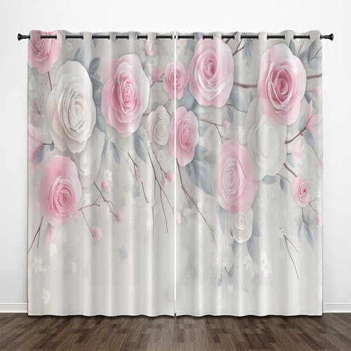 Blackout Curtains Bedroom, Abstract Plants Super Soft Eyelet Thermal Insulated Curtains, Pink Rose Blackout Blackout Curtains for Living Room 46x54 Inch White 2 Panels