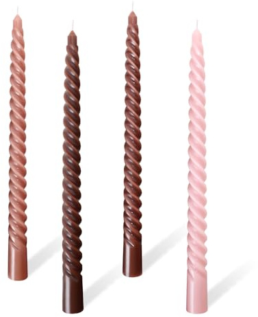 Party Dinner Candles, Colour Gradient Twisted Spiral Candle Sticks, Long 6 Hour Burn Time Non Scented Smokeless for Candlesticks Table Dinner Birthday Home Party Decor 4Pcs (Coffee Gradient Candles)