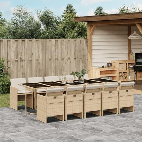 IKAYAA Gartenmöbel Set Rattan 10 Personen Garten sitzgruppe 10 Personen Gartentisch Set mit 10 stühlen Gartengarnitur Sitzgarnitur Essgruppe mit Kissen-Beige und Creme-11-tlg-Typ 10