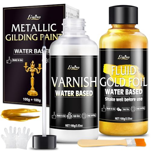 Acrylfarben Gold - 100g Wasserbasis Metallic Goldfarbe und 100g Glanzlack, Ultra Glänzende Metallfarbe für Malerei, Kunsthandwerk, Wohnkultur, ideal für Leinwand, Holz, Metall, Gips, Stein