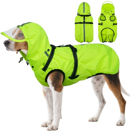 OUOBOB Hunde-Regenmantel XXL, wasserdichte Hunde-Regenmäntel für große Hunde mit verstellbarem integriertem Geschirr und Reißverschluss hinten, reflektierender Streifen, abnehmbare Kapuze, für