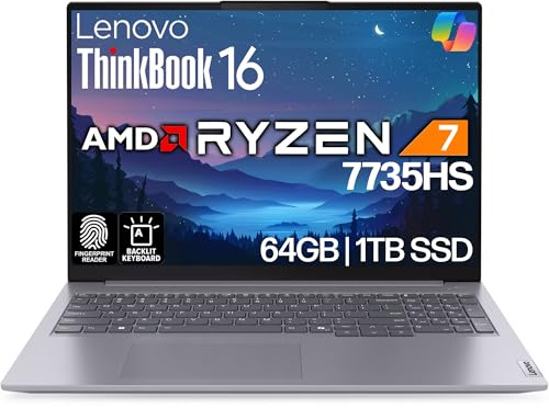 Lenovo ThinkBook 16 G7 Business Laptop, 16 FHD+, AMD Ryzen 7 7735HS, 64GB DDR5, 1TB NVMe, WiFi 6E + BT, KB retroilluminato, impronte digitali, webcam HD, Win 11 Pro