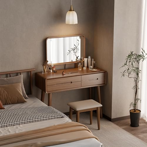 DONGMUWUJEE Solid Wood Vanity with Mirror and Lights, Adjustable Brightness, Wood Makeup Vanity with 3 Drawers, Semi-Assembled, Vanity Desk for Bedroom (Walnut)