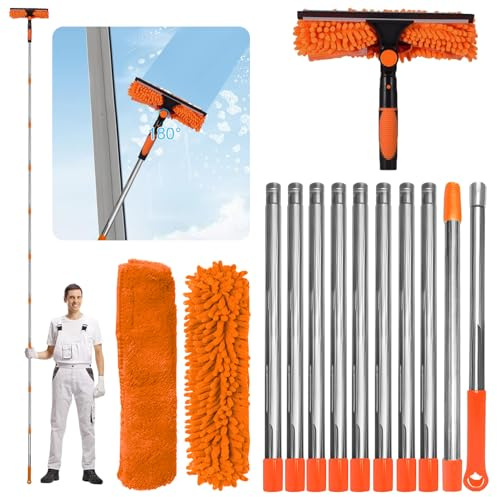 Exquilnova 4.5M Window Cleaning Equipment,Telescopic Window Cleaner with 2-in-1 Silicone Squeegee,Coral Velvet Pad for Home Windows,Bathroom Glass,Car Glass,Upstairs Windows,Solar Panels(Organge)