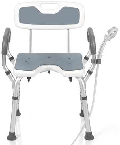 EasyVibe Duschstuhl für Senioren, Duschsitz, Duschstuhl mit Armlehnen und Rückenlehne, Badestuhl für Senioren - Werkzeugfreie Montage, Höhenverstellbar, Tragfähigkeit von 150 kg, Graues Sitzkissen