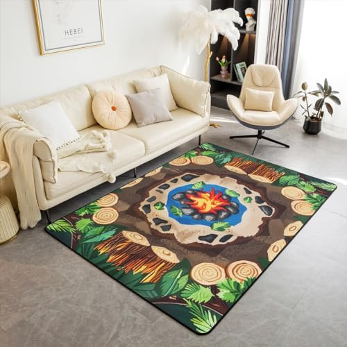 Homewish Camping Teppich Lagerfeue Carpet Baumstumpf Kinderteppich Lustiger Wald Campingplatz Teppiche Cartoon Steine Grün Baum Flächenteppich 100x150 für Schlafzimmer Stilvoll Rutschfest Pflegeleicht