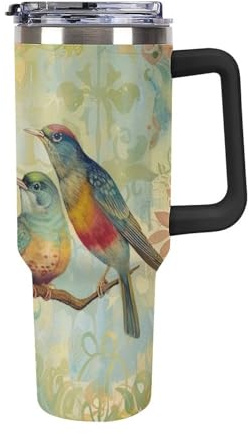 Termo de viaje de 40 onzas a prueba de fugas, vaso aislado reutilizable con popote para bebidas frías y calientes, pájaros sentados en la rama