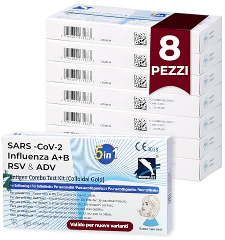 Test Covid Influenza – 8 Test – Combinato Covid e Influenza 2026 Antigenico Rapido 5 in 1 – Tampone Covid Influenza con RSV e Adenovirus per Autotest Domestico