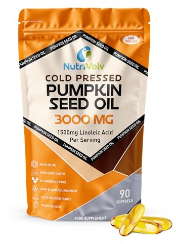 Pumpkin Seed Oil 3000mg | 90 Softgels | 100% Cold-Pressed & High in Linoleic Acid (50%) | Prostate, Bladder, Hair & Heart Health | Pure, No Additives | High Strength Oil Supplement | by NutriVolv