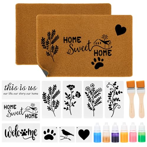 Bafeil 2 Pack DIY Coir Doormat Painting Kit, 23 x 16 Blank Coconut Fiber Front Door Mats with Acrylic Paint, Brushes & Stencils, Non-Slip Personalized Entry Rugs for Indoor Outdoor Craft Gifts