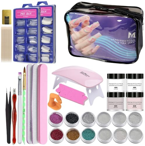 Juego de uñas para principiantes, lámpara seca y polvos acrílicos esenciales, cepillo de práctica para usar en casa con estilo, kit de uñas de viaje