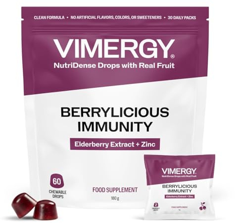 VIMERGY Elderberry + Zinc Chewables, Berrylicious, 60 Count, 30 Servings | Zinc contributes to normal immune function. Made with real fruit, formulated without gelatin or artificial sweeteners. Vegan.