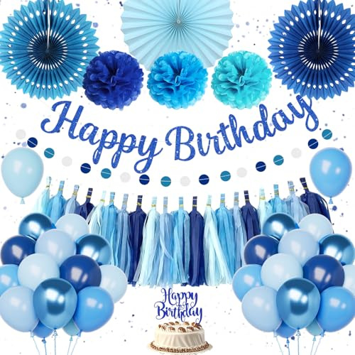 Blue Birthday Decorations for Men Boys, Blue Happy Birthday Banner and Balloons, Pompom Flower, Light Blue Birthday Balloons Cake Topper for 16th 18th 21st 30th 40th Boys Men Party Decorations | Happy Birthday Garland, Balloons Birthday Navy Blue Pompoms and Paper Garland for Boys and Men Birthday