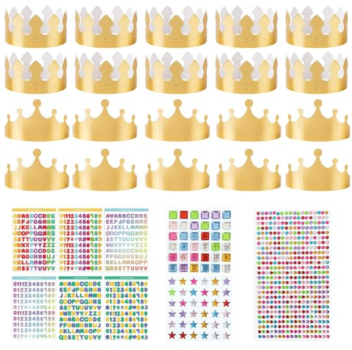 GuBaoZhuo Kronen zum Geburtstag, 29 StüCk Goldenen Papierkronen Set Mit Strasssticker Und Alphanumerische Aufkleber, Verstellbare Papier Krone PartyhüTe für Geburtstagsfeier
