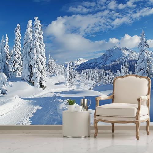 Papel Pintado Fotomural montañas escarpadas cubiertas de nieve pinos 300 x 210 cm pared cocina salón dormitorio restaurante White decoración mural moderno