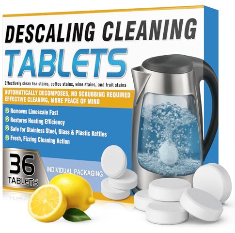 Pastillas descalcificadoras: 36 unidades envueltas individualmente. Potente eliminador de cal para hervidores, cafeteras y alcachofas de ducha. Acción rápida, sin olor y seguro para el uso diario.
