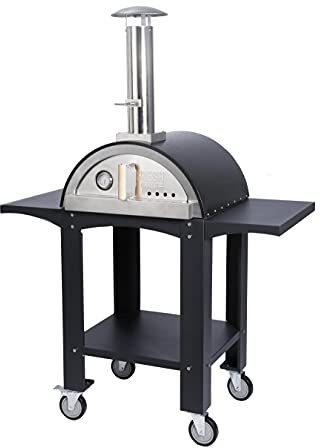 Freestanding Pizza Oven Black Steel Portable Wheels Built in Thermometer Pizza Stone 2 Prep Stations Wood Burning Authentic Stone baked Pizzas BBQ Barbecue Outdoor Cooking FREE Pizza Peel & Rain Cover