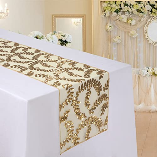 MengH-SHOP Runner da Tavolo con Paillettes Tovaglia Glitter Rettangolare per la Decorazione di Banchetti di Matrimonio Oro Foglie Pattern 30 * 280cm