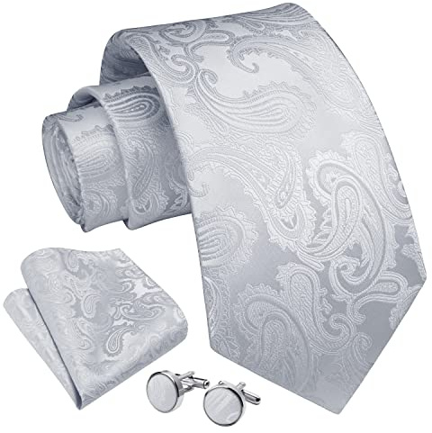 Enlision Gris Cravate pour Hommes Paisley Cravate Mouchoir Boutons de Manchette Ensemble Mariage Cravates et Carre de Poche