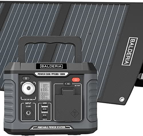 BALDERIA Power Set PS300-120 | Station d’alimentation portable 231Wh + panneau solaire 120W | Stockage d'énergie avec prise 230V USB | Alimentation mobile pour le travail, camping et caravanes
