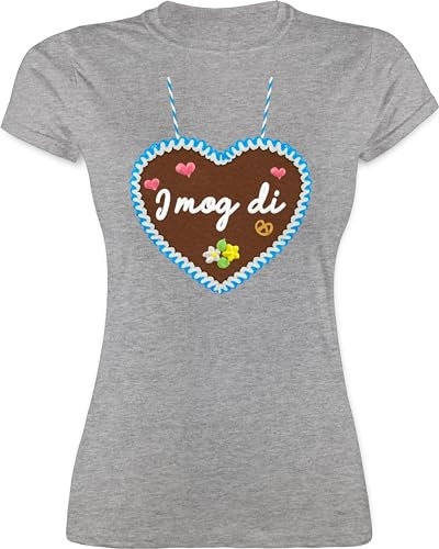 Shirt Damen - Kompatibel mit Oktoberfest - I mog di - Lebkuchenherz - Gänseblümchen Butterblume Herzen - M - Grau meliert - t-Shirt, Druck, Oktoberfest, trachtenshirt bayrische wiesnherzen