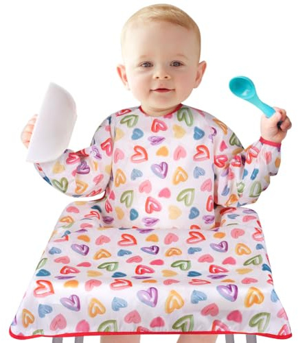 Vicloon Lätzchen mit Ärmeln Baby Ärmellätzchen Befestigt Sich an Ihrem Hochstuhl, Baby Lätzchen mit Ärmeln Wasserdicht für Jungen Mädchen Kleinkind Fütterung Lätzchen Schürze-Herz