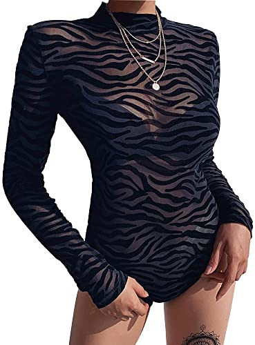 QKEPCY Body Donna Manica Lunga Elegante Sexy Stampa leopardo Jumpsuits Tops Tuta Aderente Bodysuit Donna Body A Rete Guardare Attraverso Teddy Sexy In Pizzo (S)