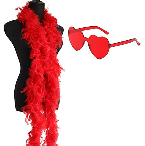 Federboa, 2M Bunte Feder Boas mit randlosen Sonnenbrillen, Federboa Fancy Kleid für tanzende Hochzeitspartys, Feder Boas Zubehör Kostüm Karneval für Tanzende Hochzeitspartys Cosplay Mottoparty (Rot)