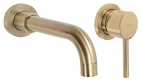 Rea ROBINET DE LAVABO ENCASTRÉ Lungo Long Gold Brush + BOX Mitigeur Salle de Bain en Laiton Monocommande Chaude et Froide Réglable Robinet de Lavage à la Main (Or brossé)