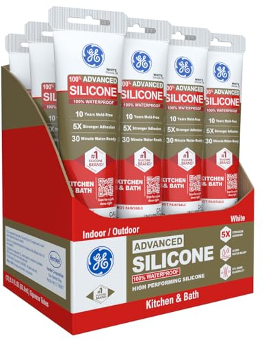 GE Advanced Silicone Caulk for Kitchen & Bathroom, White, 2.8 fl oz Tube, 12 Pack - 100% Waterproof Silicone Sealant, 5X Stronger Adhesion, Shrink & Crack Proof