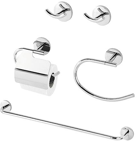Set Accessori da Bagno 5 Pezzi in Acciaio Cromato con Fissaggio a Parete con Viti Incluse