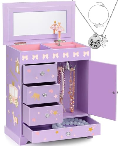 efubaby Große Schmuckschatulle für Mädchen, 5-lagig, Musik-Schmuckhalter, Organizer-Box mit Schwingtür, drehbarer Ballerina, Einhorn, Schmuckset, Kinder-Schmuckschatulle für Mädchen, Kinder,