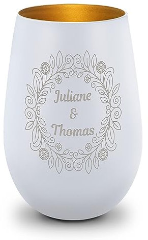 GRAVURZEILE Windlicht mit Gravur - Nature Ornament Flower - Personalisiert mit Namen & Datum - Schönes Geschenk zu Hochzeit, Verlobung & Valentinstag für Sie & Ihn - Farbe: Weiß/Gold