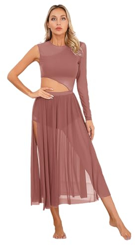 YOOJIA Damen Tanzkleid Eiskunstlauf Kleid Ballettanzug Lang Ballettkleid EIN Schulter Latein Rumba Tango Kleid Ballsaal Dancewear Altrosa S