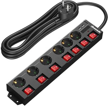 DEWENWILS Steckdosenleiste Einzeln Schaltbar mit USB, 5 m, Schwarz | 6-Fach Mehrfachsteckdosen mit 2 USB, Wandmontage, 3680W/16A, Überspannungsschutz, Kindersicherung, 90°-Anordnung