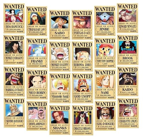 Gujey 24PCS Anime Poster, Anime One Piece Wanted Bounty Poster ästhetische Bilder Wand Dekoration Collage Posters Wanted für Zimmer Wohnzimmer Schlafzimmer, 42 x 29 CM