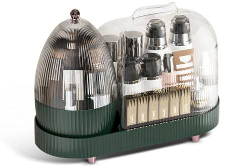 CheurYae Kosmetik Organizer 360°Drehbarer,Make Up Organizer,Pinselhalter für Make-up,Schminktisch Organizer mit Deckel für Frisiertisch, Badezimmer, Schlafzimmer (Dunkelgrün)