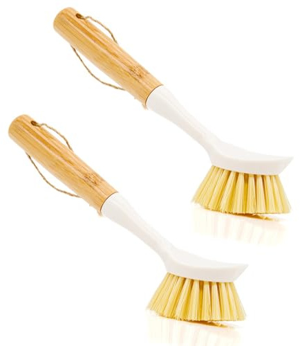 Yitaocity 2 Pack Kitchen Dish Brush, Bamboo Handle Dish Scrubber Built-in Scraper, Multi-Function Scrub Brush for Dishes,Pans,Pots, Kitchen, Bathroom (White)