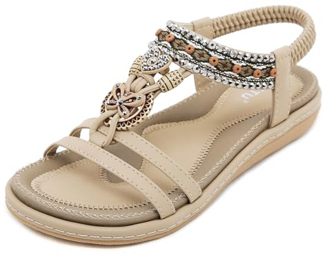 Acfoda Sandales Femme Été Confortable Plats Nu Pieds Cuir Tong de Plage Mode Claquettes Bout Ouvert avec Strass Beige 37 EU = 38 CN