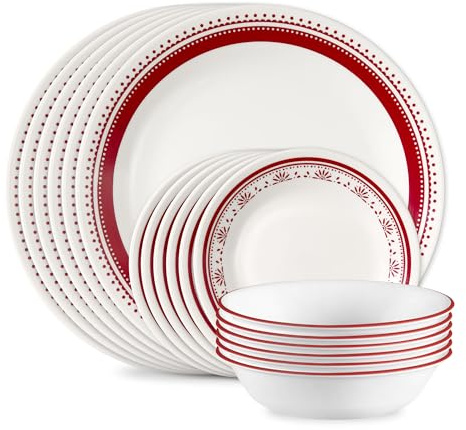 Corelle Everyday 18-PC Dinnerware Set Service for 6, Durable and Eco-Friendly, Higher Rim Glass Plate & Bowl Set, Microwave and Dishwasher Safe, Sadie