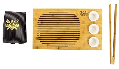 Dan&Co BBQ Gift Bundle - Bamboo Chopping Board & 45cm Tongs & Black Apron, Wooden Meat Carving Board with Drip Tray & 3 Ceramic Dipping Pots