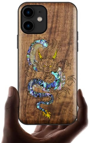Carveit Étui pour iPhone 11 Coque [Gravure en Bois et Incrustation de Coquille] Cover Compatible avec Apple 11 Etui Bois Luxe et Case (Noyer-Le Dragon Oriental)