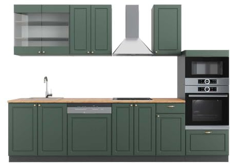 Vicco Küchenzeile Fame-Line, Grün-Gold Landhaus/Anthrazit, 300 cm mit Hochschrank, AP Eiche, erweiterbar mit zusätzlichen Modulen und Variabler Anordnung