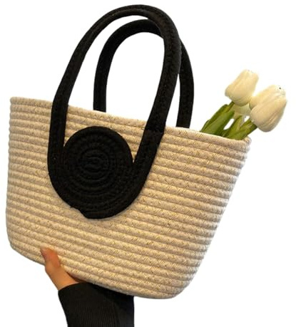 CRRONG Strohtaschen Damen Shopper Baumwollseil Gewebte Handtasche Damen Tasche Modische Handtasche Vielseitige Tote Bag-Reis Weiß Gepaart Mit Schwarz