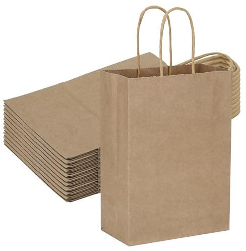 JIANTA 20 Stück Braun Papiertüten mit Henkel, Kraft Geschenktüten | Kraftpapier Tüten mit Henkel, Tragetasche klein 21 x 15 x 8 cm, Papiertragetaschen braun