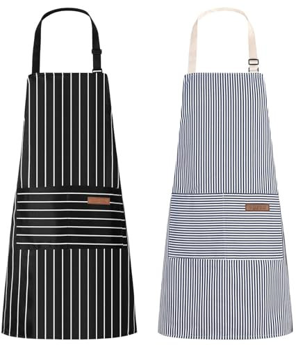 saerryor 2 Pack Stripe Chef Apron with Pockets, Heavy Duty Kitchen Cooking Apron for Men Women for Baking Cleaning Gardening