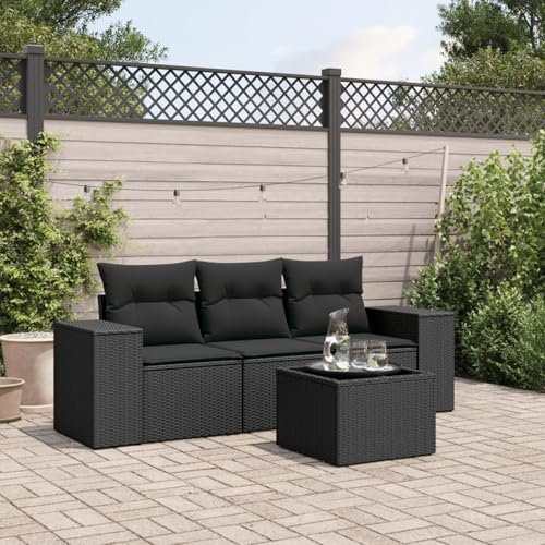Xichuzi 4-TLG. Garten-Sofagarnitur mit Kissen Schwarz Poly Rattan, Lounge Gartenmöbel Set, Möbelsets, Balkon Möbel, Gartenlounge, Gartensofa - 3254602