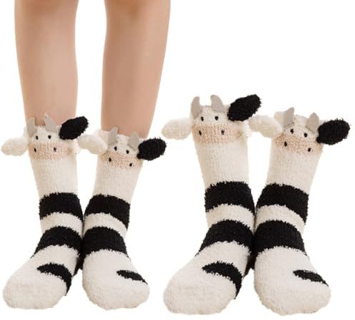 FENQURO Cuddly Socks Women's Cute Cow Socks Women's Stopper Socks 1 Pair Warm Fluffy Socks Bed Socks Thick Winter Socks House Socks Funny Personalised Christmas Gifts for Women Girls