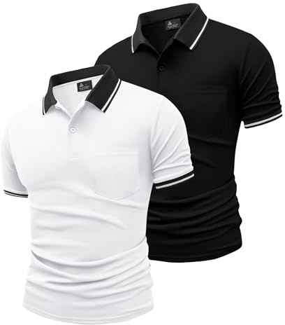 JACKETOWN 2er Pack Poloshirts Herren Kurzarm Golf Polo Hemd Männer mit Tasche Schnelltrocknend Atmungsaktives Work Polohemd Herren Sommer Slim Fit Shirt Tennis Basic Tshirt(Weiß Schwarz XL)